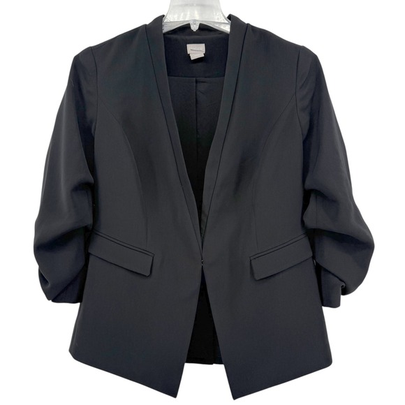 Chico's Jackets & Blazers - Chicos Black Blazer Jacket Ruched Sleeve Collarless Open Front Size 1 or Medium